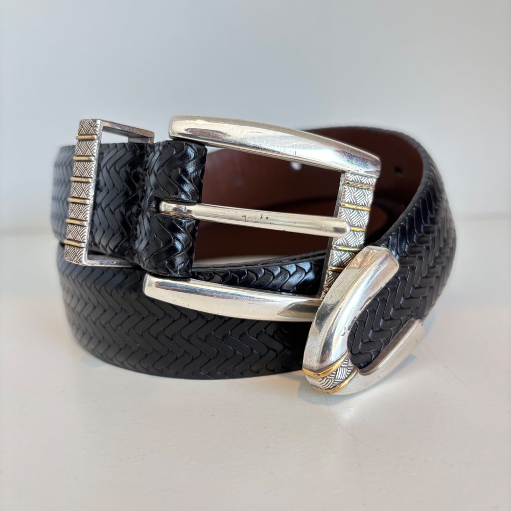 Onyx by Brighton Mens Black Leather Belt Woven Glove Tan Size 38 USA